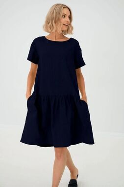 Le Muse Deep Navy Blue Blossom Linen Short Sleeve Mini Dress Women's Size Large